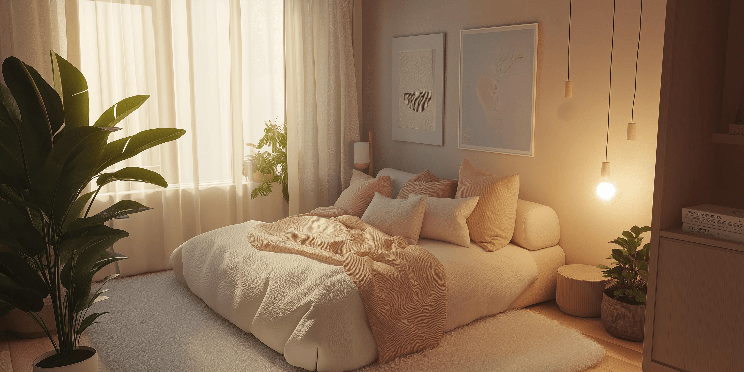 dormitor luminos modern cu plante naturale